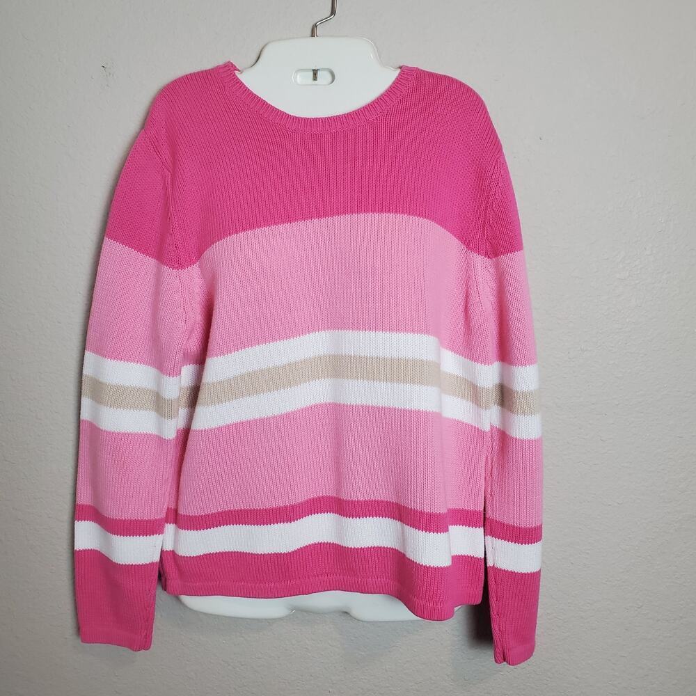 Croft & Barrow Pink Striped Cotton Sweater Women Petite L Pullover Long Sleeve